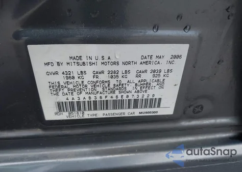 2006 Mitsubishi Galant Es/Se z USA, uszkodzony, nr VIN 4A3AB36F46E073229